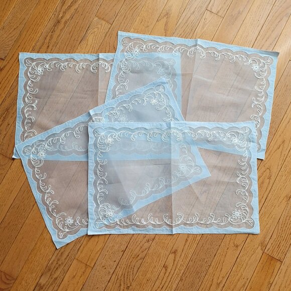 Organdy Applique Embroidery Lt Blue Sheer Embroidered Placemat set of 4 - Picture 1 of 5